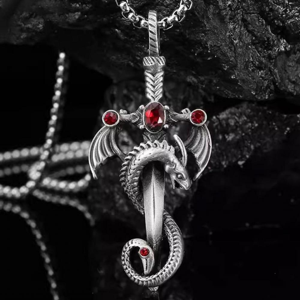 Vintage Cross Pendant Necklace Dragon Sword Pendant Necklace Red Black Crystal Necklace For Men