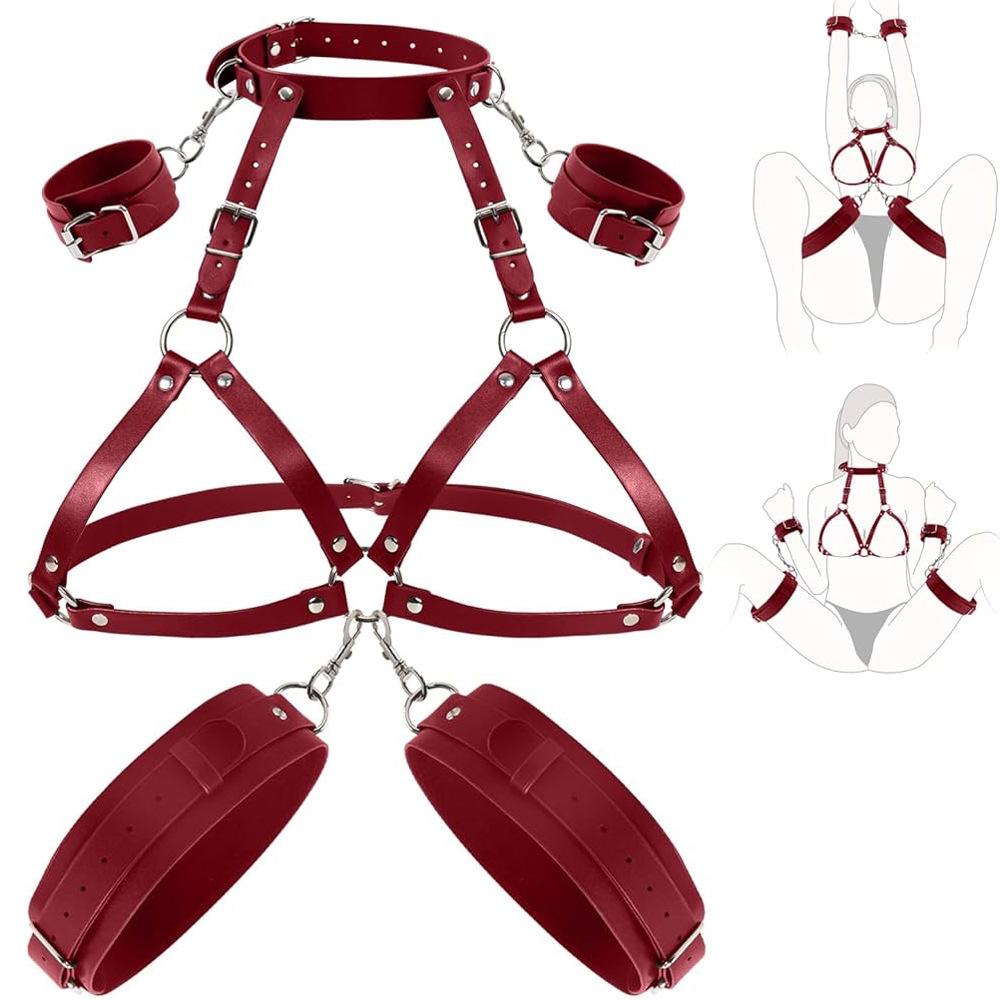 Adult Handcuffs Open Thigh Sex Toys Bra Lift Bondage Gear Sex Restraint Toy Collar Leash Leg Cuffs Couple Lover Erotic Game