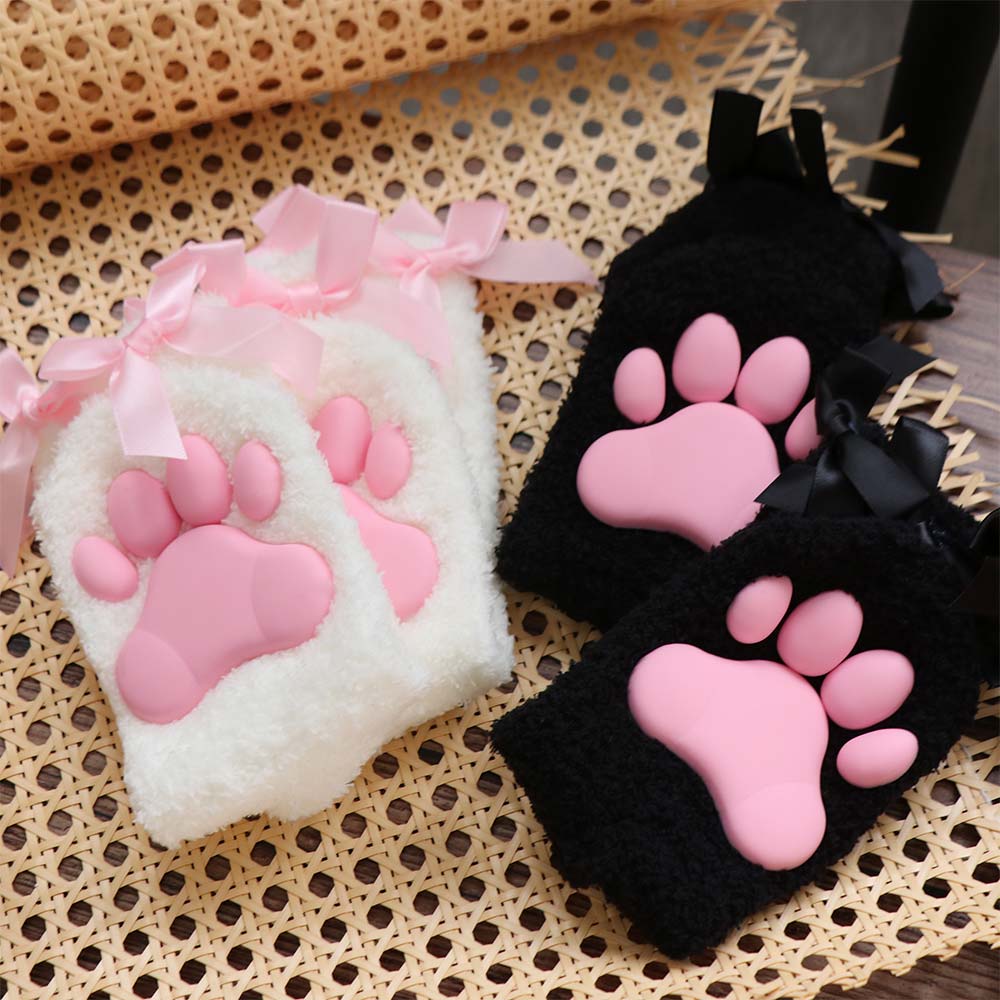 Coral Velvet Cat Paw Plush Socks Paw Pads Bowknot Warm Socks Y2k 3D Cat Paw Socks  Gift