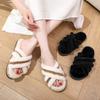 Women's Leather & Fur Cross Toe Flat Shoes - Cozy Autumn/Winter Versatile Thick-Soled Footwear for Home & Outdoor.