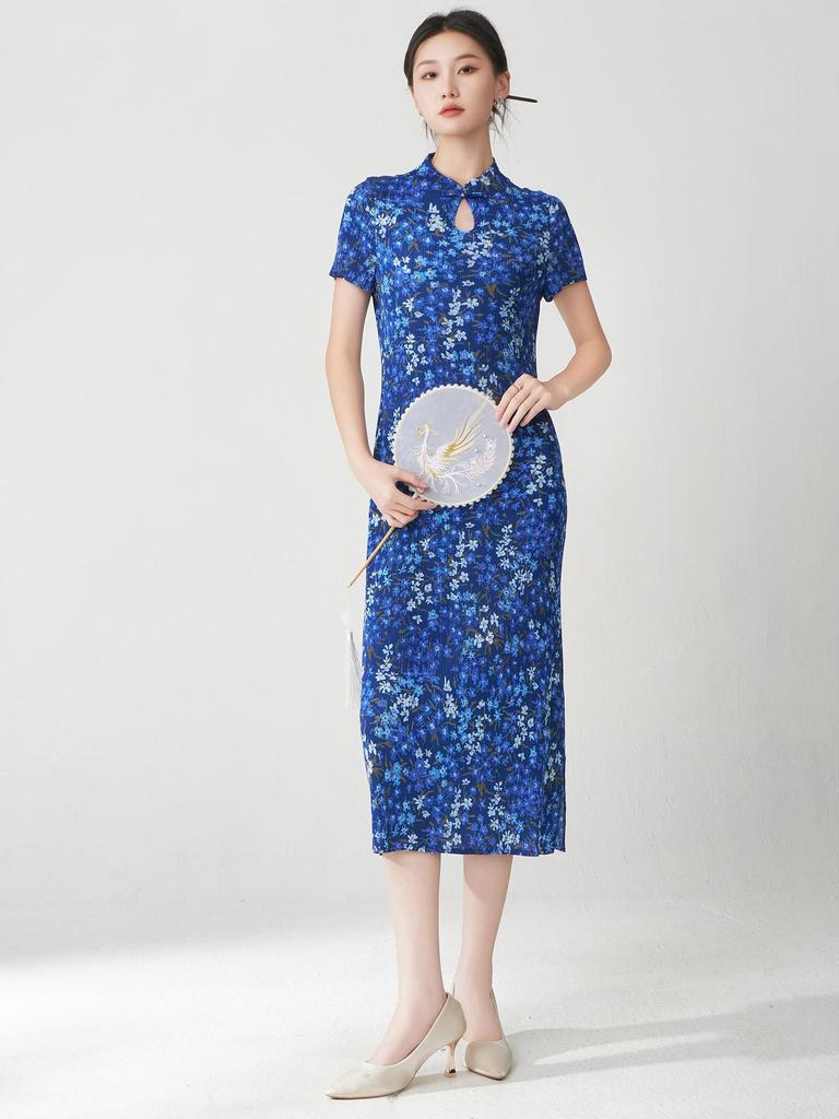 Miyake Retro Elegant Print Stand Collar Mid-Length Qipao