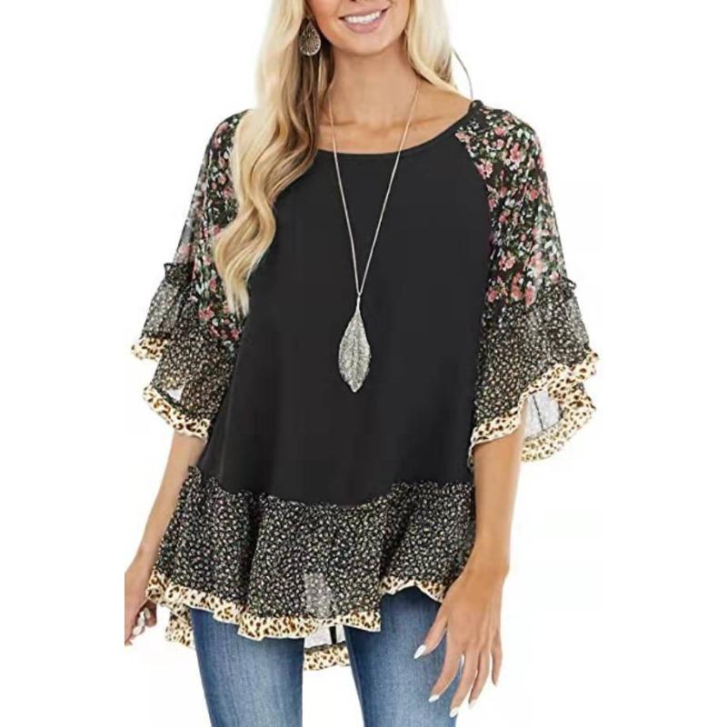 QICED Spring Summer Women's Bat-sleeve Matching Color Leopard Print Floral Print Mid-sleeve T-shirt