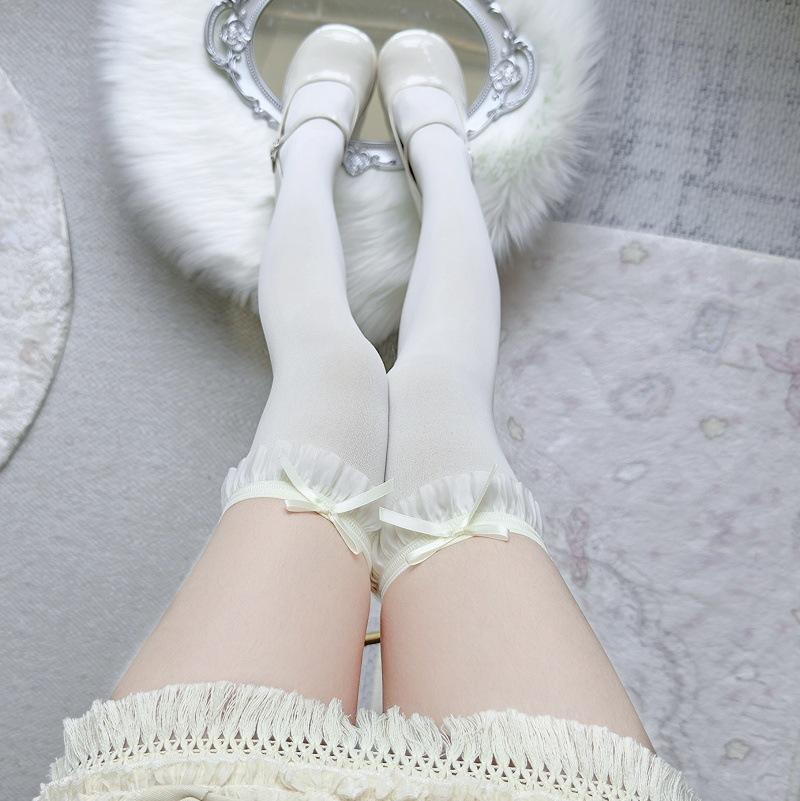 Französische Breitband-Kniebundsocken Vielseitige Lolita-Oberschenkelhohe Socken Rein Beige Strümpfe