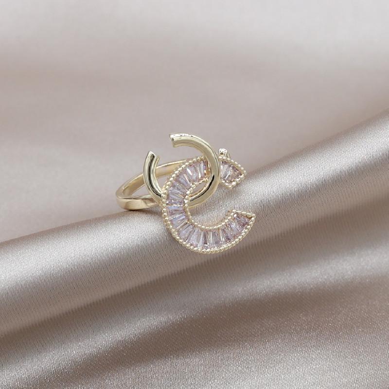 Korea Design Fashion Jewelry 14K Real Gold Plated Letter Cross Zircon Ring Luxury Women's Prom Party Opening Adjustable Ring