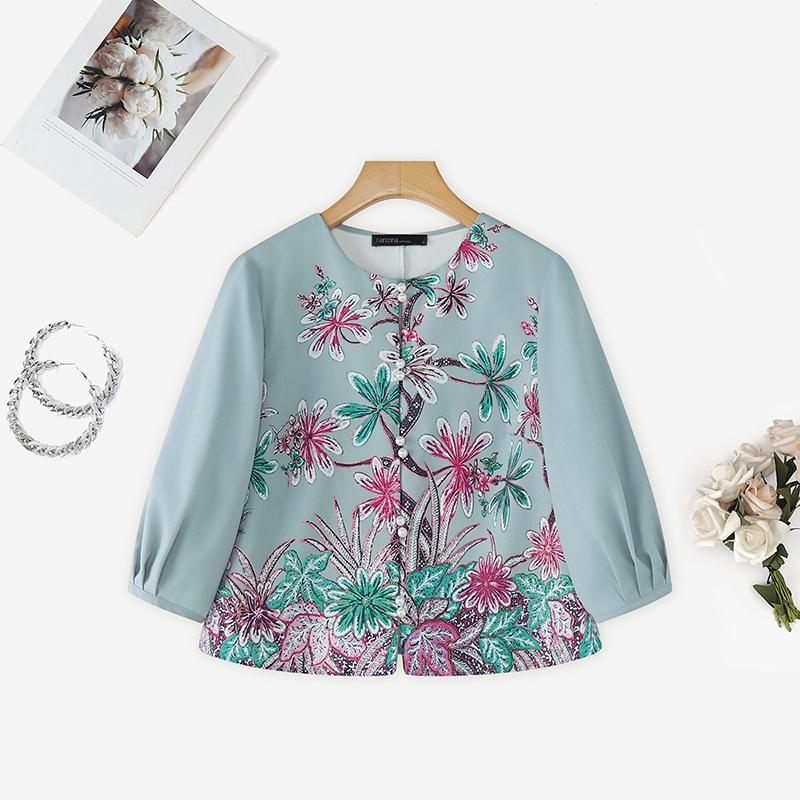 ZANZEA Women Casual Round Neck 3/4 Sleeve Loose Print Blouse