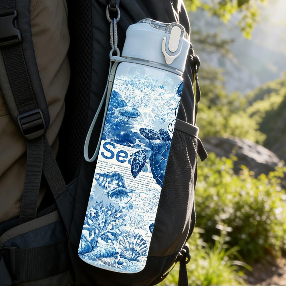 1PC Blue Tone Mermaid Ocean Theme Print 750ml Color Plastic Sports Water Bottle Leakproof Flip Straw Lid Suitable for Sports Office Home Use