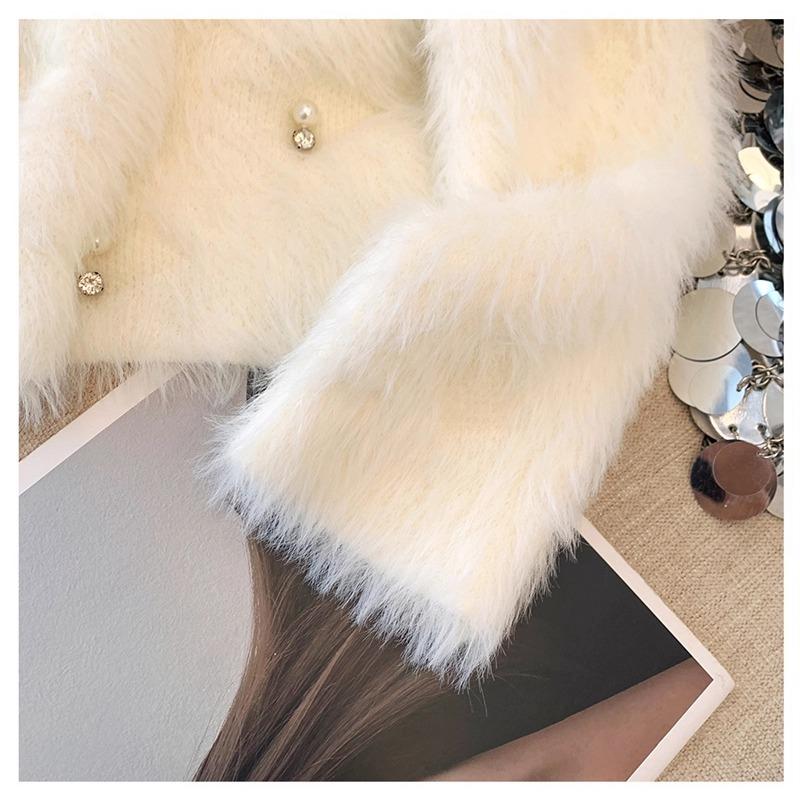 Autumn Winter Women Sweet V-neck Soft Furry Mohair Beading Knitted Sweater Christmas Short Pullover Tops