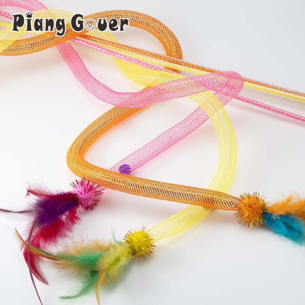 2pcs Feather Teasing Cat Stick Elastic Mesh Tube Cat Toy Rod Kitten Interactive Toys Pet Wand