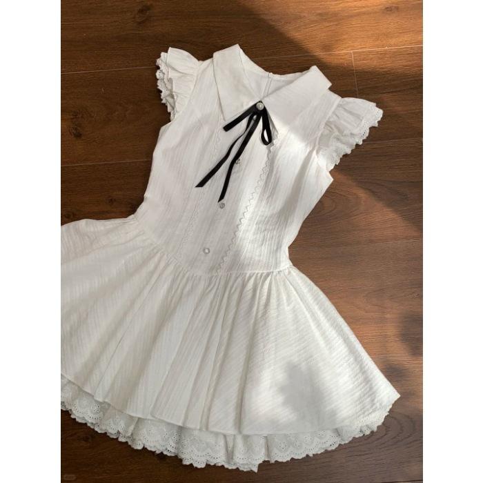 

Sense bow lace-up niche non-collision dress women s gentle wind lace splicing slim skirt S белый
