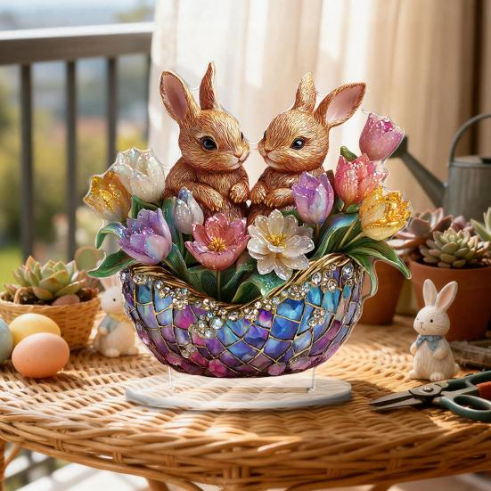 Ostern Tischschild 2D Flach Acryl Hase Ei Etagenständer Ornamente Frühling Indoor Tischaufsatz für Schreibtisch Regal Heimdeko