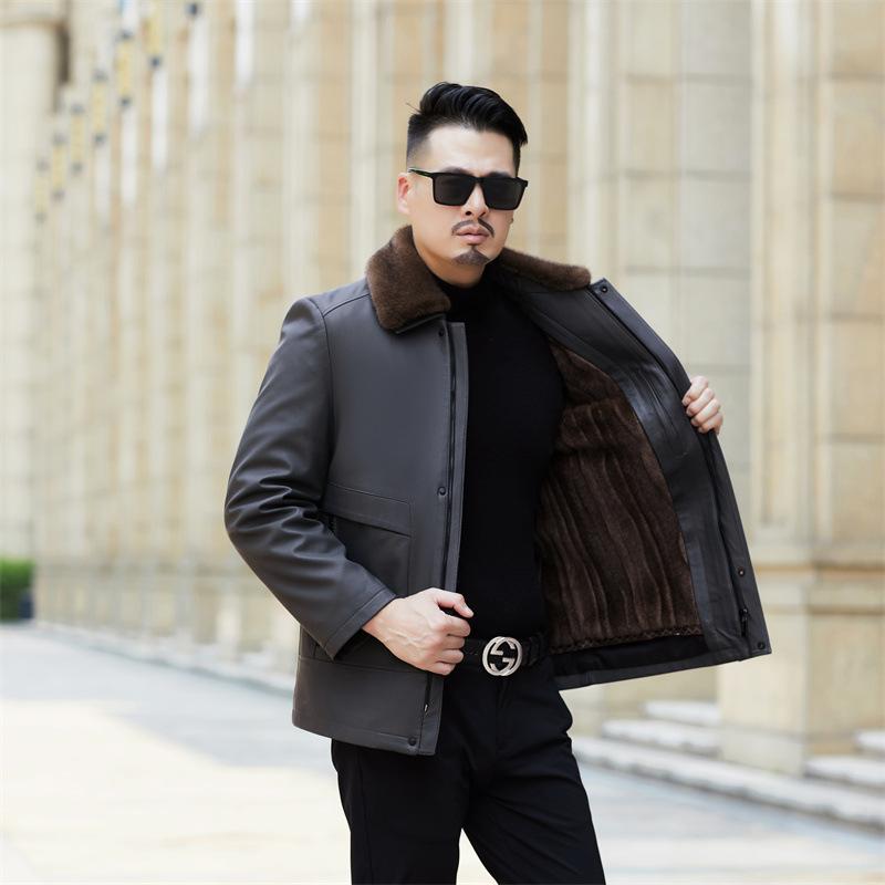 Autumn and winter new men's genuine leather jacket with fur integrated removable liner, velvet and thickened fur collar daddy outfit