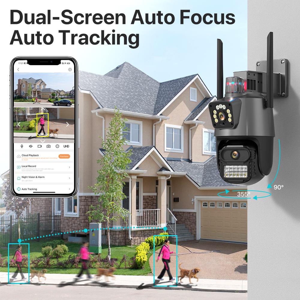 Outdoor-WLAN-PTZ-Kamera 4K 8MP HD Dual-Objektiv Dual-Screen-Kamera AI Auto Tracking 4MP Videoüberwachung Polizei Lichtalarm iCSee