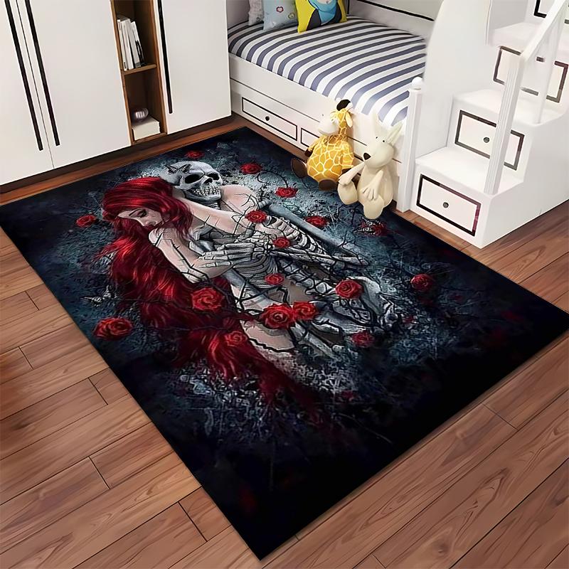 Gothic Skeleton Embrace with Red Roses Rug - Non-slip Rug Suitable for Living Room and Bedroom Sofas