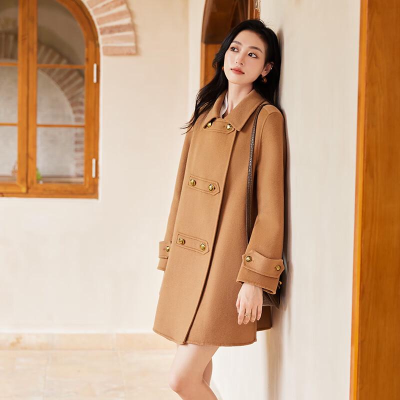 VICTORIA&VERA Women's Gold Double-Breasted Wool Blend H-Line Coat