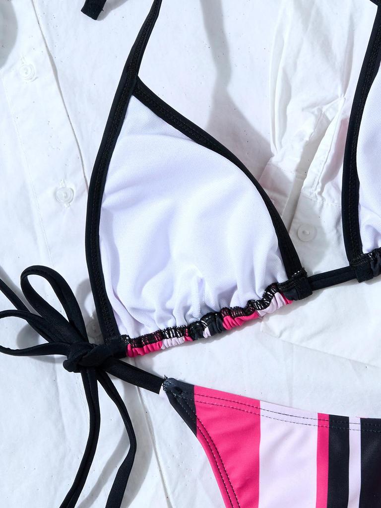 Gestreifter Print Krawatten-Dreieck Sexy geteilter Bikini Badeanzug für Damen