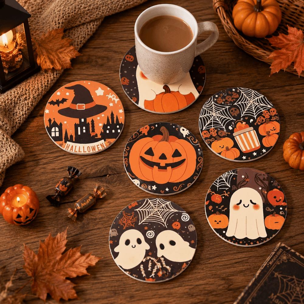 6pcs Wooden Halloween Coasters Pumpkin Heat Insulation Pad DIY Tableware Mat Cafe