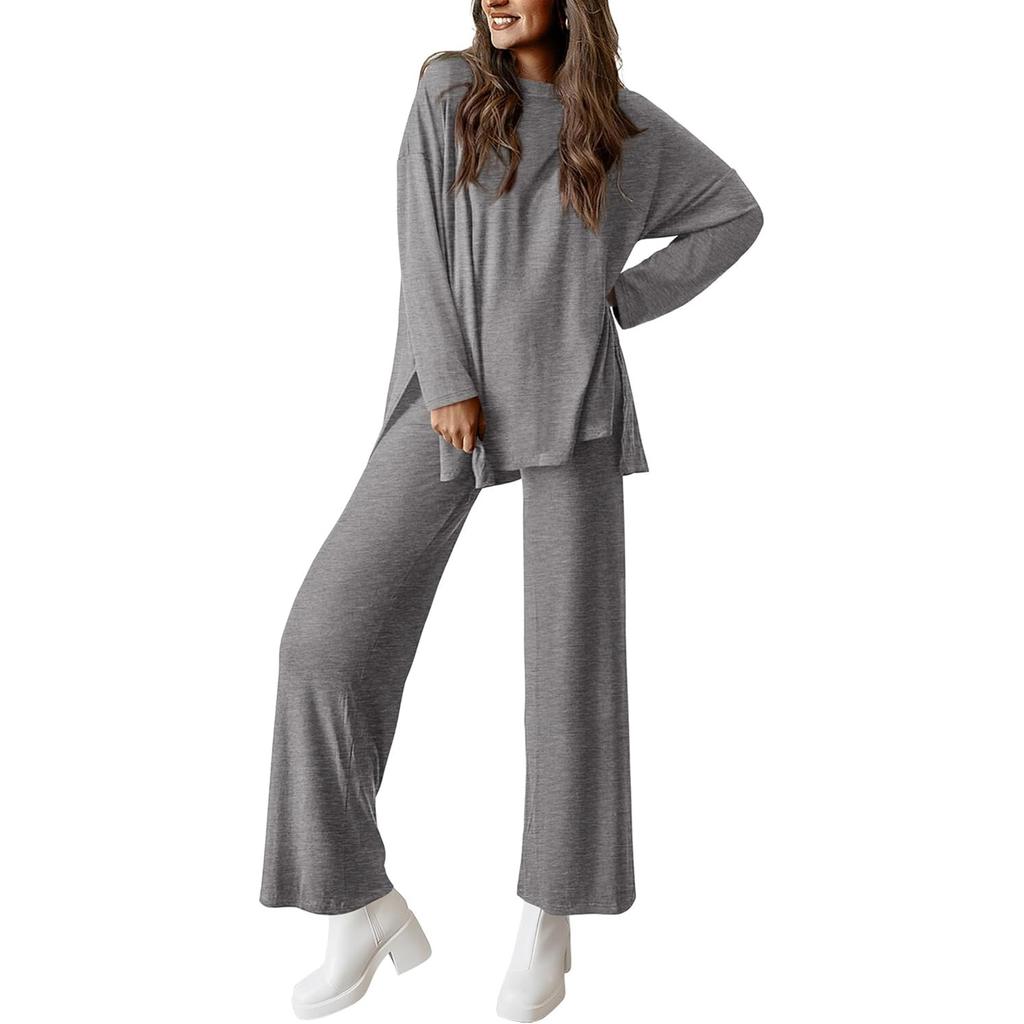 Completo Due Pezzi Moda da Donna a Vestibilità Larga, Colore Unico, Scollo Tondo Spaccato, Maniche Lunghe, Pantaloni Lunghi