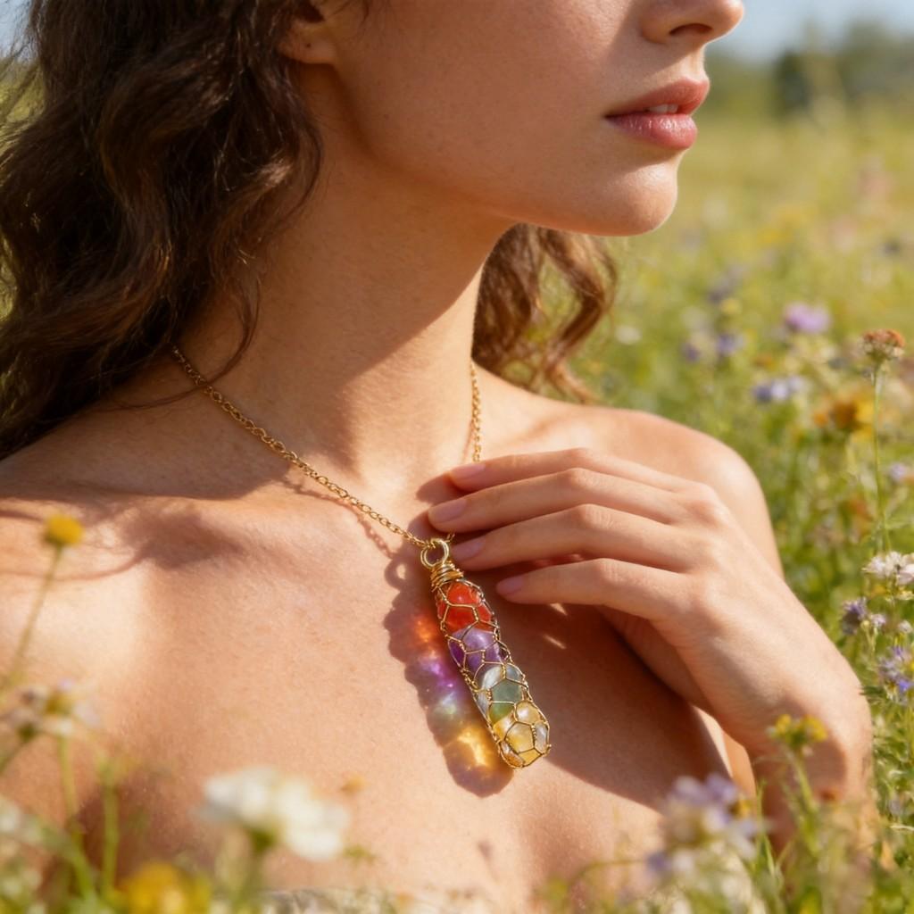 Natural Crystal Pendant Necklace With Rainbow Silk Wrap For Boho Style Jewelry