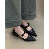 Retro Pointed Thick Heel Single Shoes Women's Black Temperament High Heels One-word Buckle Mary Jane Shoes