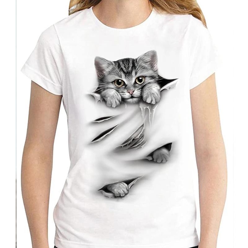 Dámské letní tričko trend potisk kotěte retro móda trička s krátkým rukávem ležérní potištěné topy