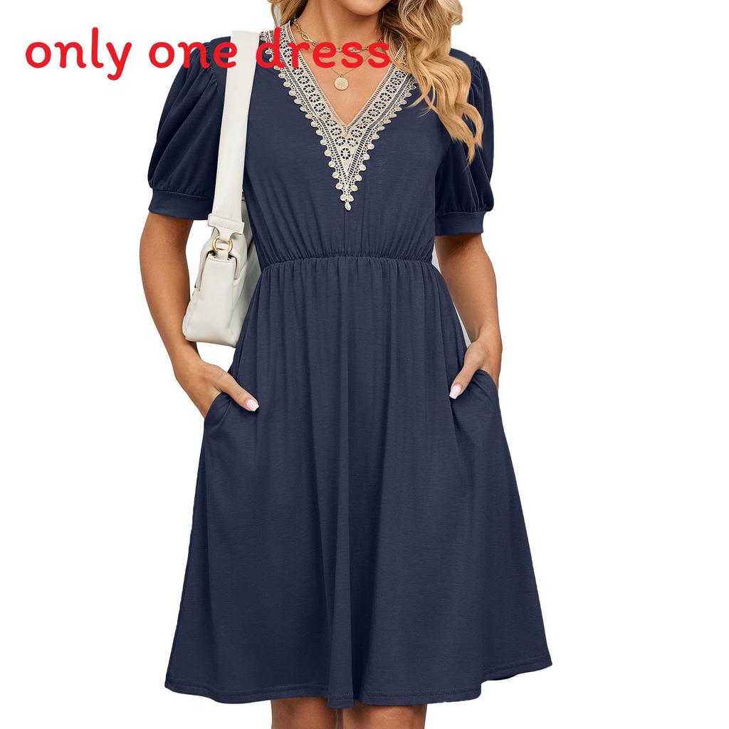 Städtisches Stilkleid mit Taschen und V-Ausschnitt für den Frühling, Freizeitkleidung