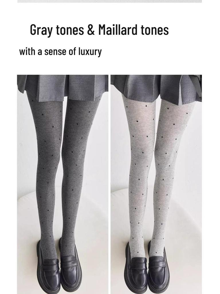 Women's Gray Polka Dot Fleece-Lined Leggings - Autumn/Winter Slimming Vertical Stripe Thickened Pantyhose