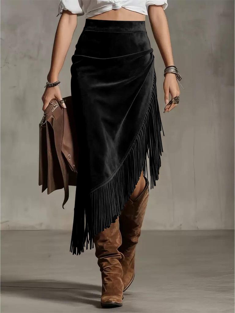 Retro Western European Suede Skirt with Irregular Design, Solid Color, 2026 Style