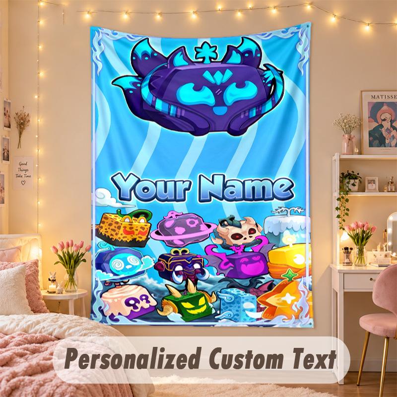 Benutzerdefinierte Personalisierte Wandteppich, Blox Fruits Druck Benutzerdefinierter Text mit Namen Wandkunst zum Aufhängen für Schlafzimmer