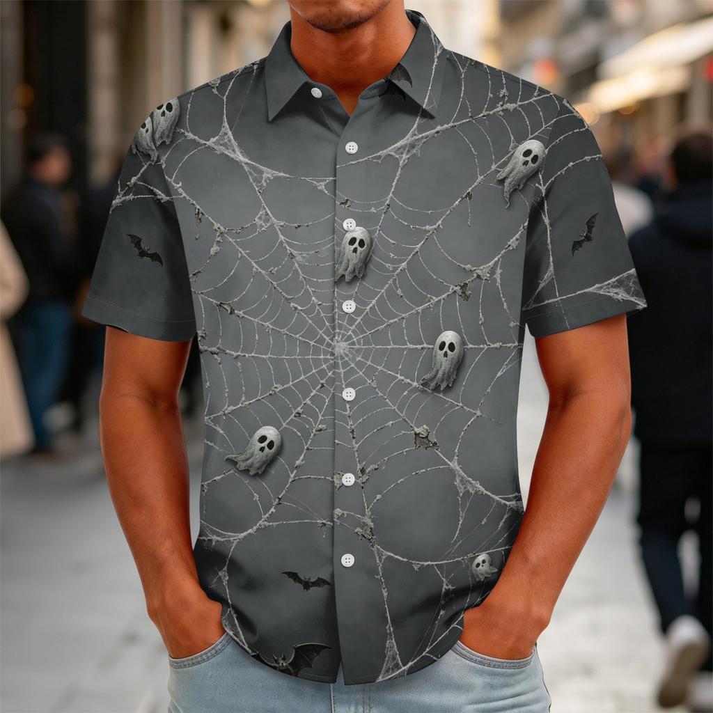 Men's Halloween Print Vintage Button Down Cardigan Shirt - Loose Fit Breathable Summer Casual Streetwear Top