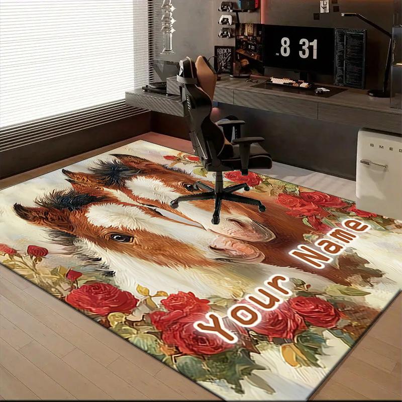 1PC Custom Name Horses Garden Theme Floor Mat Ideal for Living Room, Game Rooms, Office, Bedroom,Floor Mat Playful Design