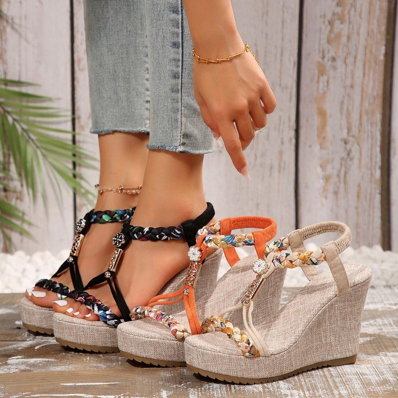 Women's Summer New Arrival Wedge Heel Chunky Sole Rhinestone Sandals - Plus Sizes