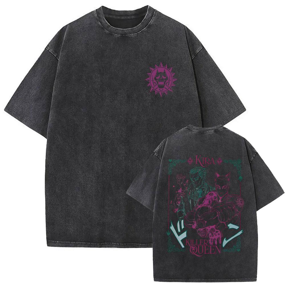 Anime JoJo's Bizarre Adventure Jolyne Washed Vintage T-shirt Summer Men Women Manga Casual Cotton Crewneck Short Sleeve T Shirt