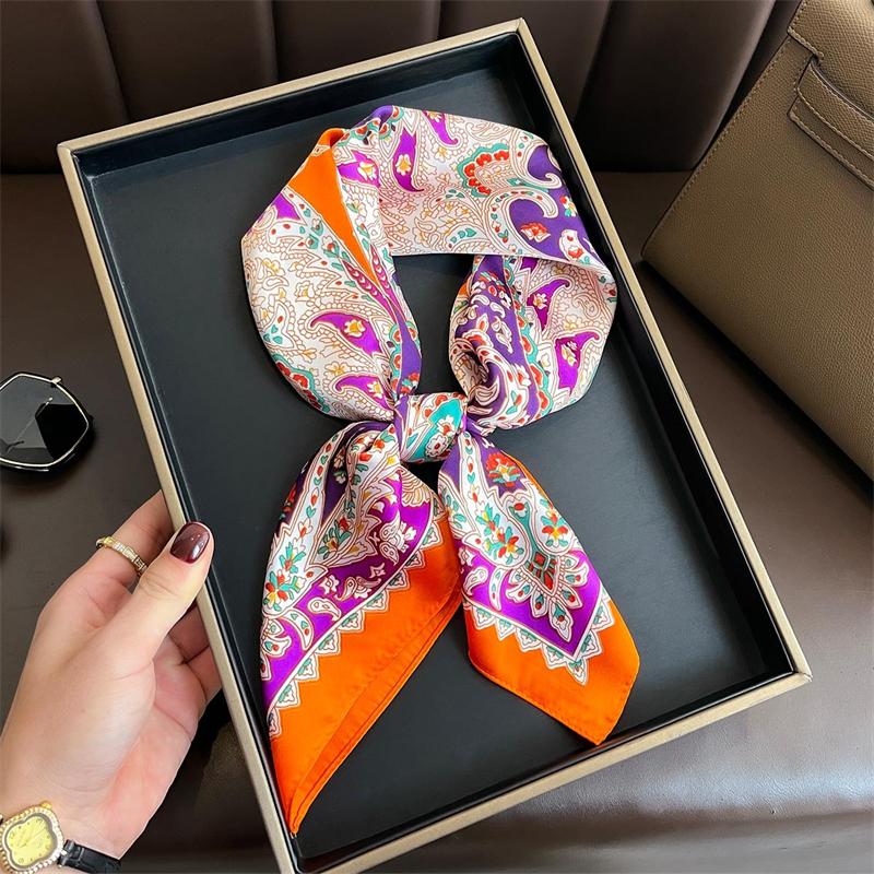 Vibrant Purple Luxury Square Scarf Women 70x70cm Silk Scarves Orange Edge Boho Print Spring Summer Beach Cover Bandana Shawl