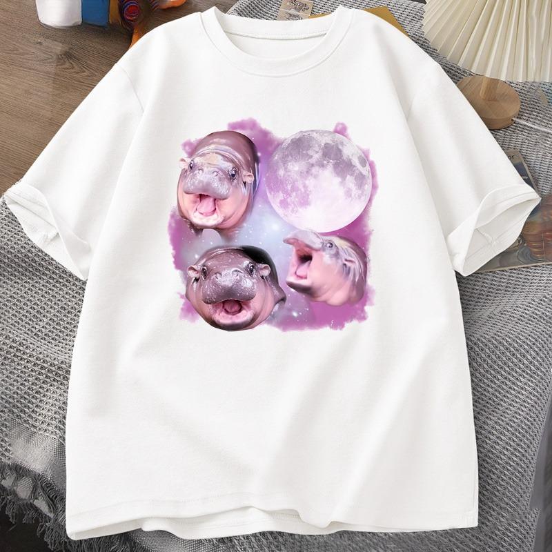 Three Moo Deng Moon Tshirt Unisex WOMEN Fuuny Cartoon Cute Moodeng Tshirt Cotton Short Sleeve O Neck Unisexs WOMEN Clothing Tops