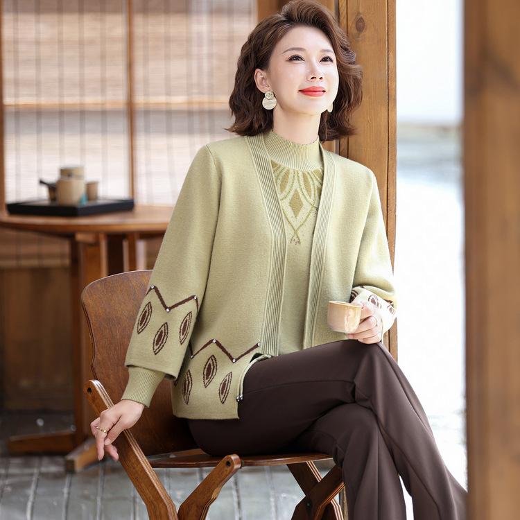 National Style Sweater Suit Fashionable Cardigan Jacket Middle-aged and Elderly Women's Mothers' New Style Plus Velvet Warm Two-piece Set