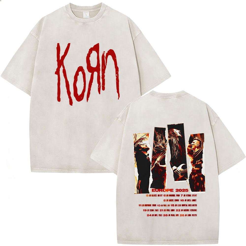 Korn Europe Tour Vintage Washed T Shirt Fan Gifts Metal Gothic Rock Band Tshirts Mens Clothing Casual Short Sleeve Tshirt