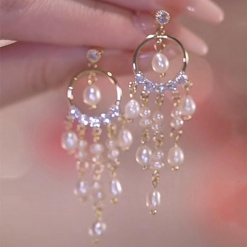 

Temperament Zircon Imitation Pearl Dangle Earrings for Women Exquisite Round Long Tassel Earring Party Wedding Versatile Jewelry