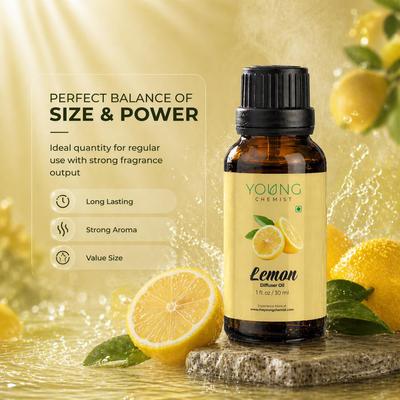 Young Chemist Lemon Diffuser Oil 60ml – Long Lasting Aromatherapy Fragrance Oil for Home, Office, Hotel & Spa | Reed Diffuser Oil Refill for Ceram