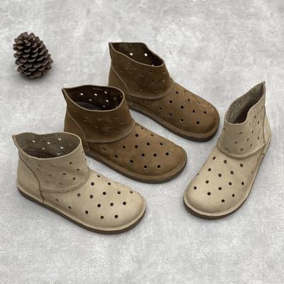 Genuine Leather Ankle Boots That Go Well with Spring and Summer Round-toed Flat Shoes and Soft Cowhide Perforated Sandals