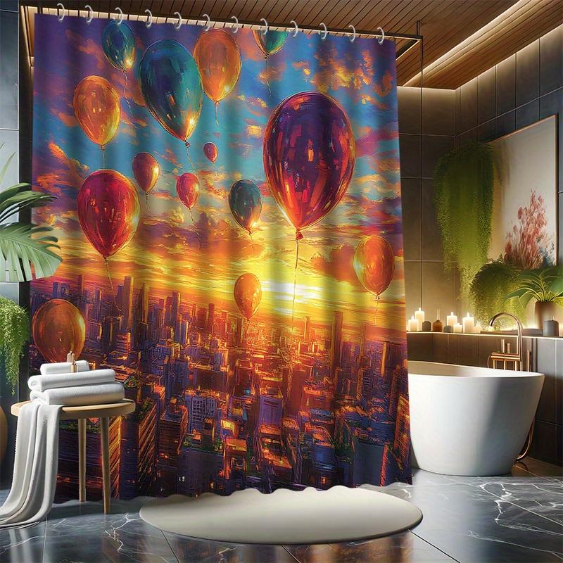 Sunset Hot Air Balloon Shower Curtain Set, City Background, 12 Hooks, Polyester, Bathtub Partition, Modern Bathroom Decor