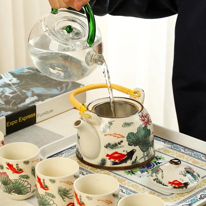 Retro Light Luxury, Large Capacity Teapot Tea Cups, Ceramic Celadon Kung Fu Tea Set, a Pot of Six Cups with Filter Green Teapot
