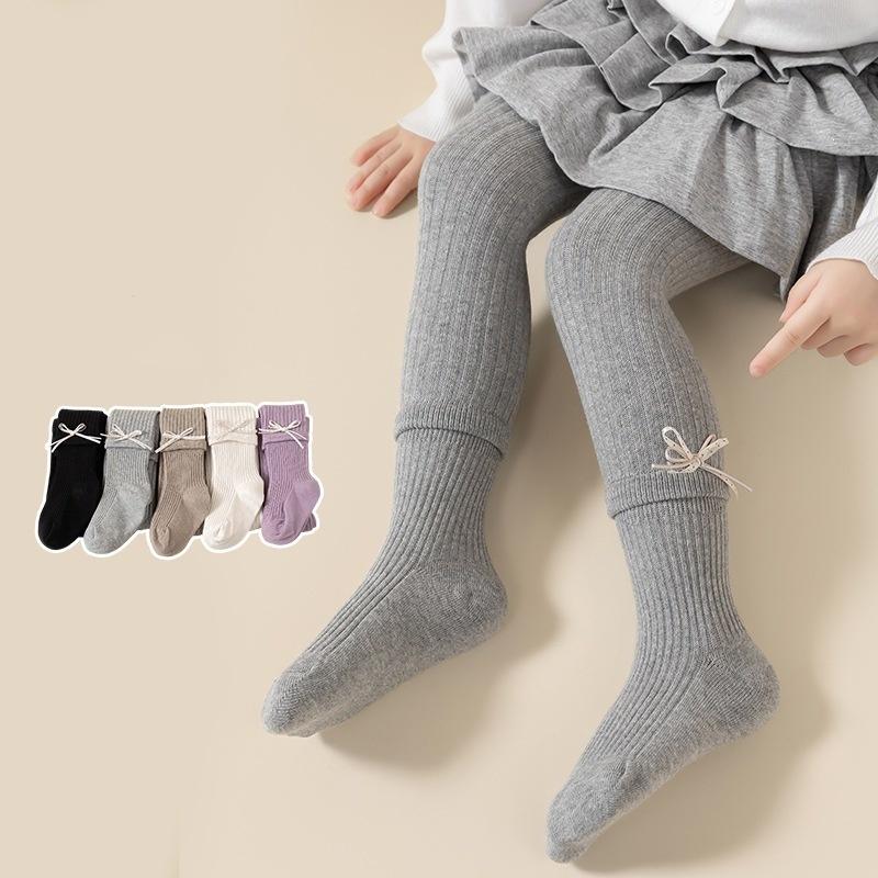 Girls Bowknot Cotton Tights Spring Autumn Vertical Striped Leggings For Kids Pure Color Versatile Children's Pantyhose 2-7Years
