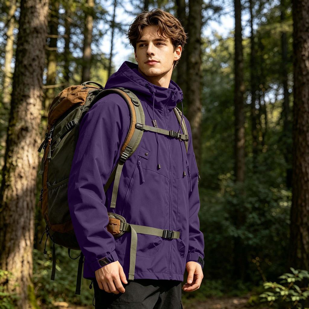 Men's Outdoor Waterproof Jacket Windproof Lightweight Hiking Raincoat with Adjustable Hood and Multiple Pockets for Sports and Travel