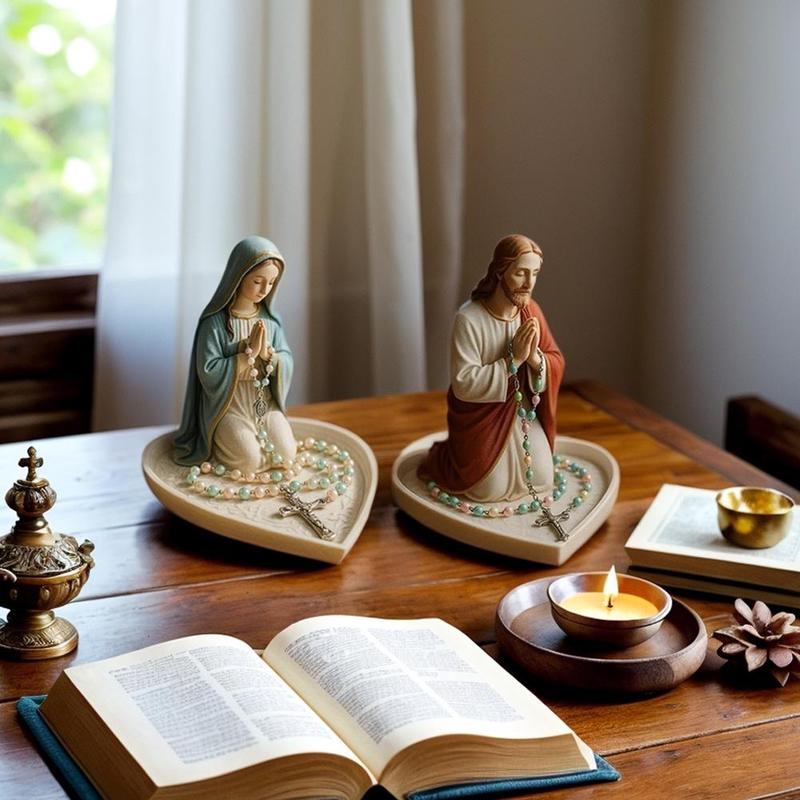 Virgin Mary Jesus Rosary Holder,  6" Blessed Mother Statue Catholic Sculpture Resin Jewelry Box for Necklace Rings Desktop Decor