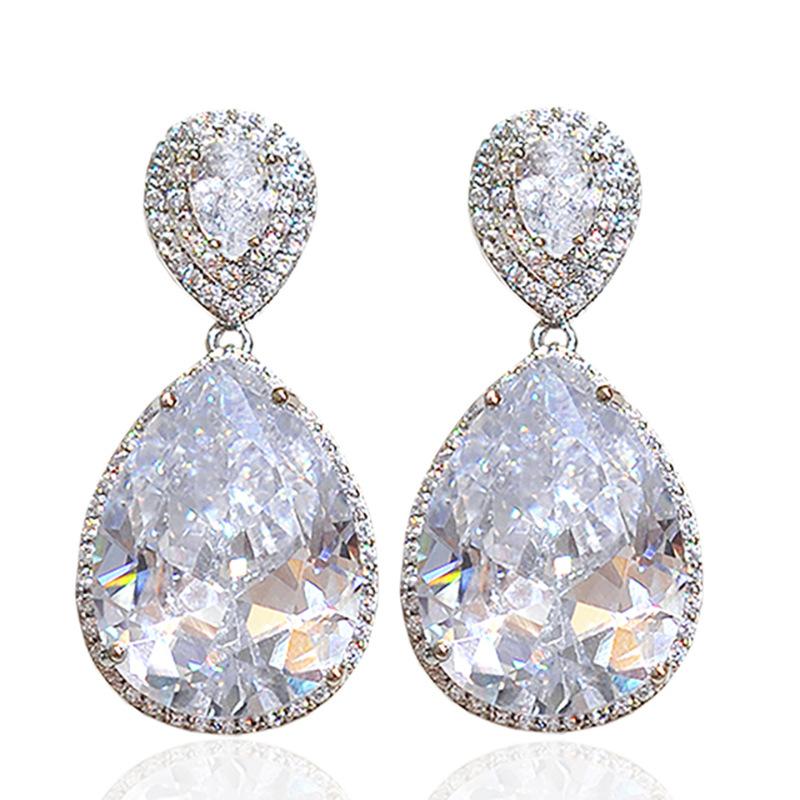 Round Top Halo + Big Pear Cut Center Cubic Zirconia Dangle Earrings Full Pave Frame Silver Tone Formal Banquet Ladies Accessories