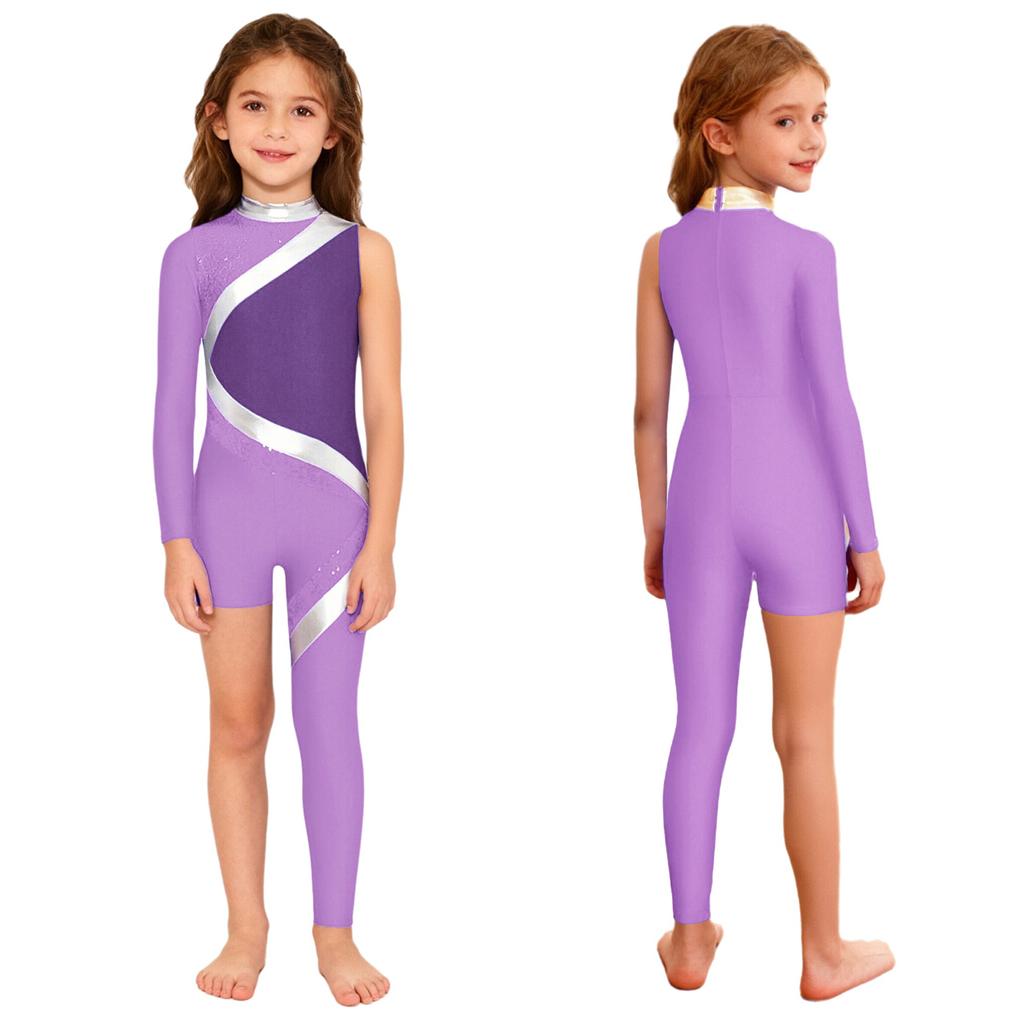 Kids Girls Stage Performance Jumpsuit: Mock Neck Shiny Sequins Color Block Asymmetrical Cut with Back Invisible Zipper
