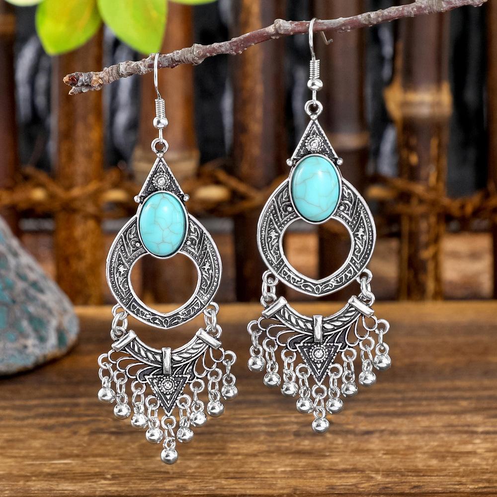 Vintage Earrings Silver Geometric Turquoise Drop Earrings Bohemian Dangle Jewelry for Women