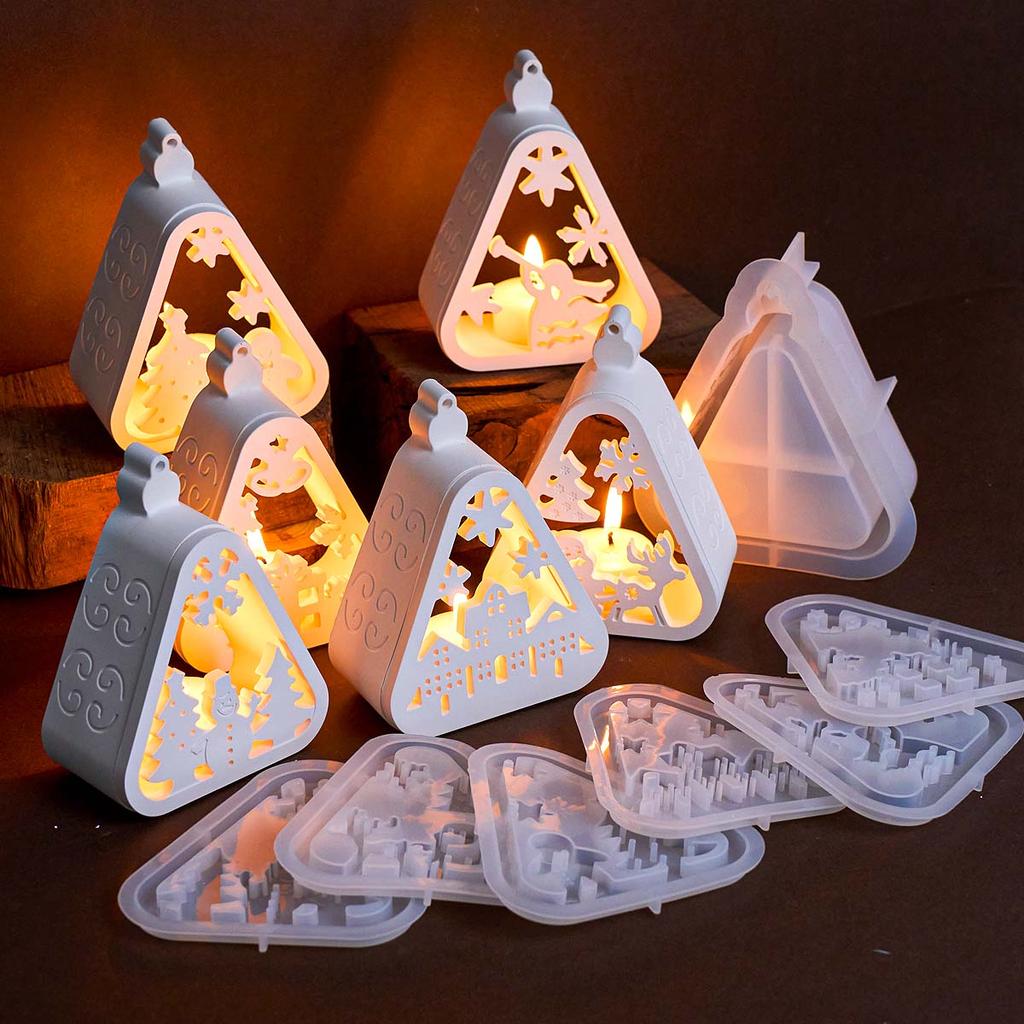 3D Triangle Hollow Candle Holder Silicone Mold DIY Santa Claus Snowman Christmas Tree Elk House Gift Box Candlestick Craft Molds