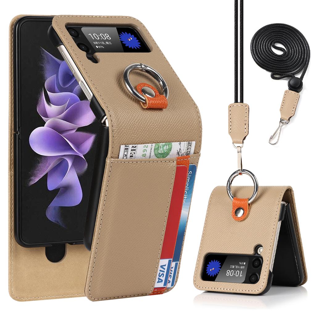Ring Holder Genuine Leather Wallet Phone Case for Samsung Z Flip 4 3 5G Card Solt Crossbody Lanyard Shockproof Flip4 Flip3 Cover