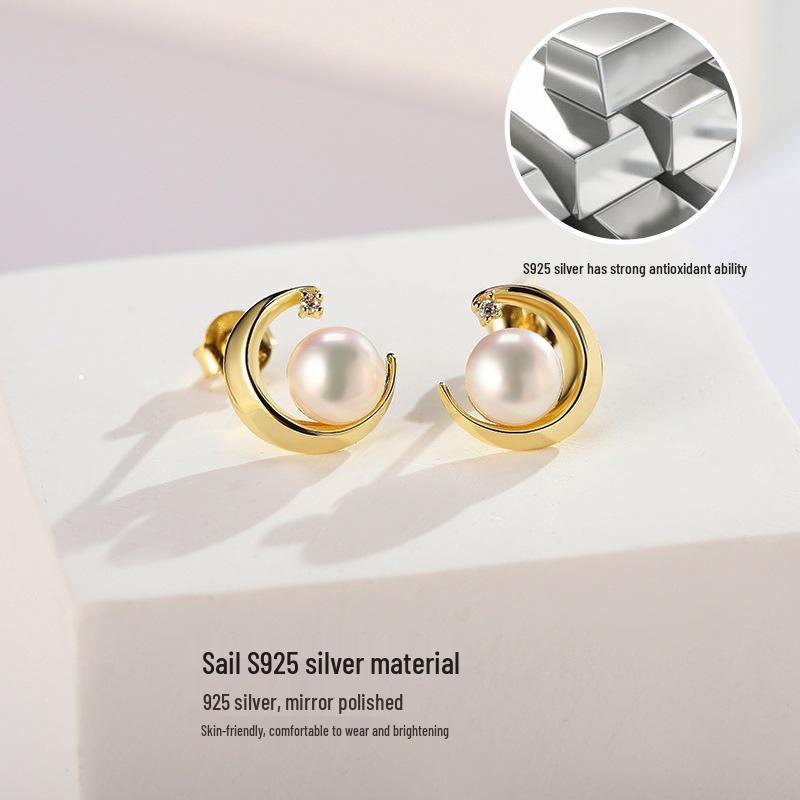 Ins Style Freshwater Pearl Star & Moon Sterling Silver Earrings for Women